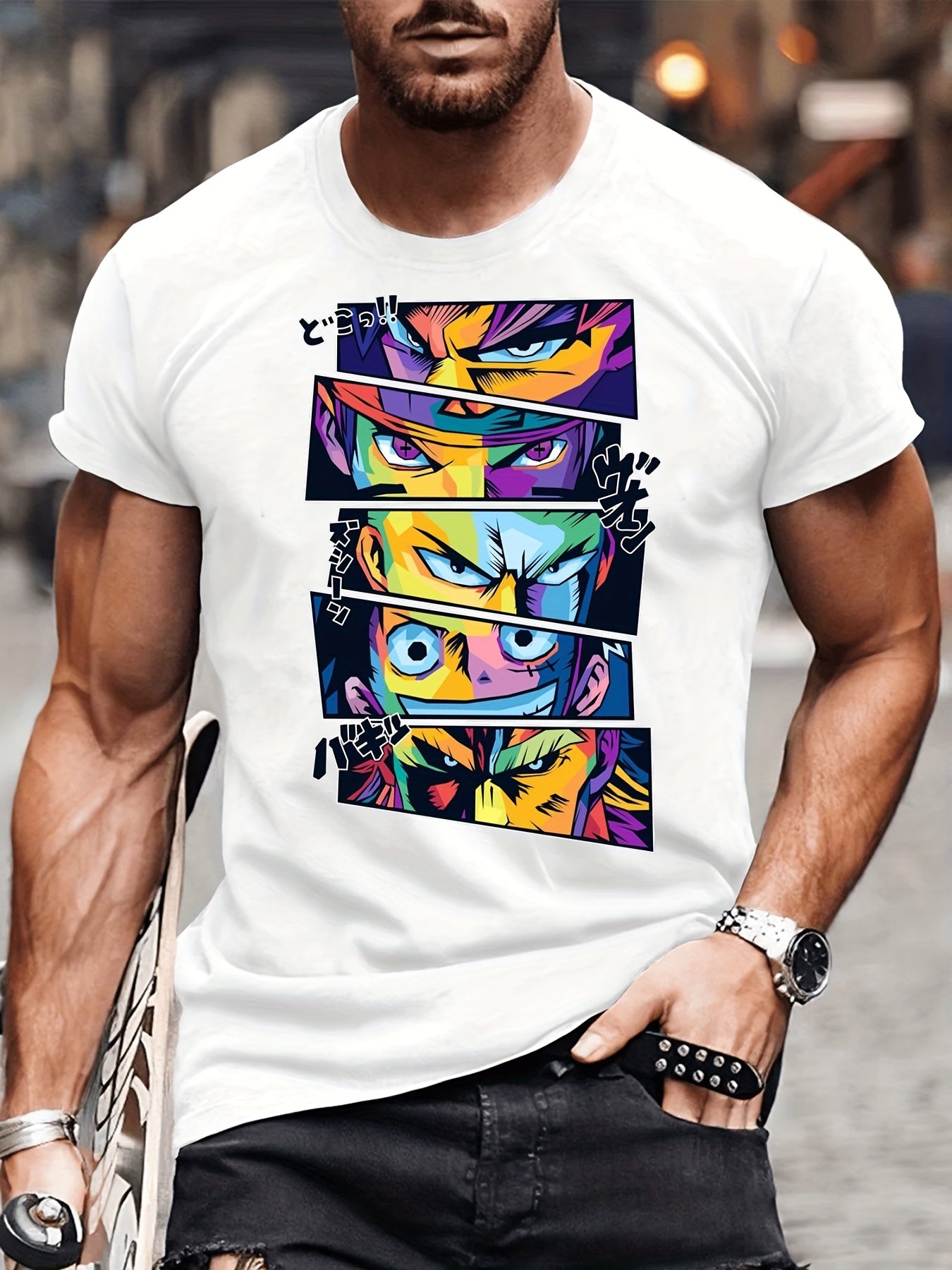 「binfenxie」Men's Casual Trendy Cartoon Anime Hero Character Print T-shirt, Short Sleeve Crew Neck Hip Hop Style Tees For Summer Holiday Gift