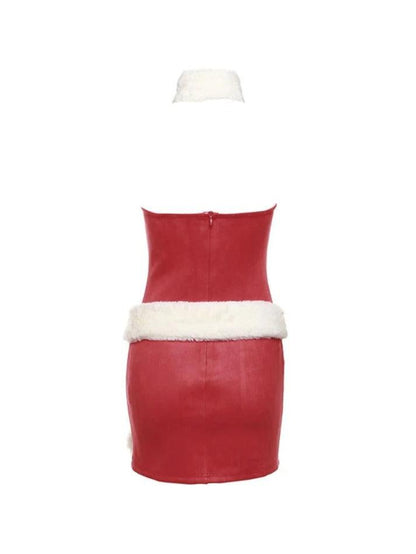 Solid Bandeau With Fuzzy Belted Choker Mini Dress