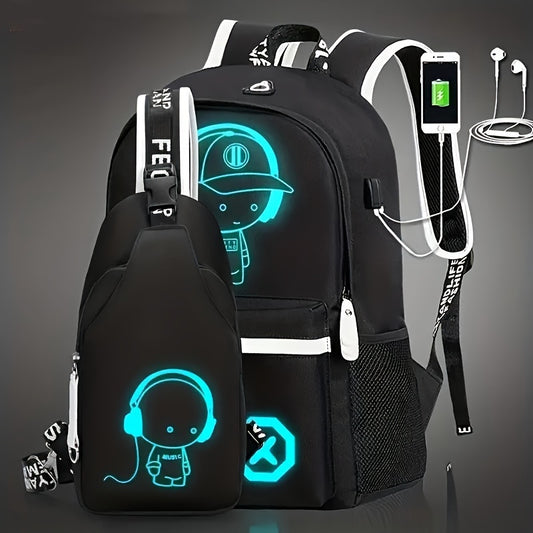 2PCS/Set - Stylish Casual Travel Backpack & Cartoon Crossbody Bag Set - Spacious, Versatile Design for Students & Explorers