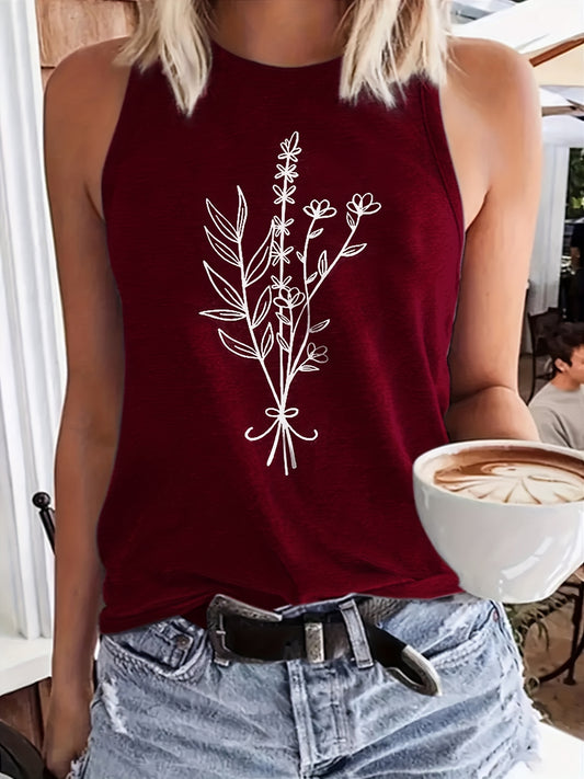 「binfenxie」Floral Print Round Neck Tank Top, Casual Loose Fashion Sleeveless Vest Tank Top, Women's Clothing