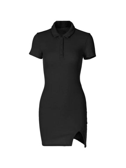 Ribbed Short Sleeve Slit Mini Dress