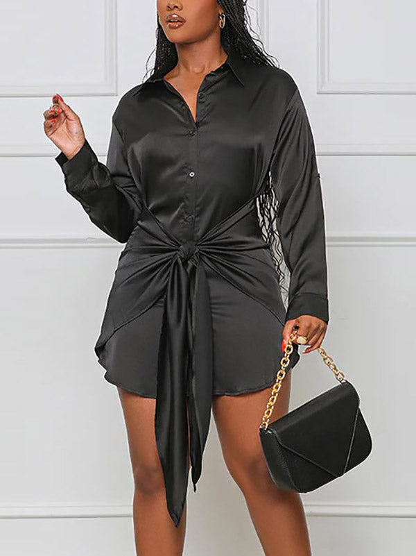 Satin Tie Waist Shirts Dress