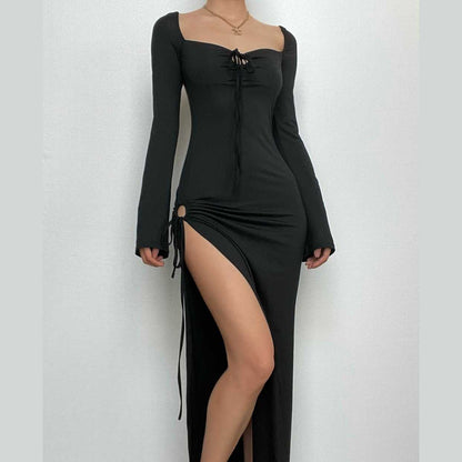 Long Sleeve Slit Self Tie Drawstring Backless Solid Maxi Dress