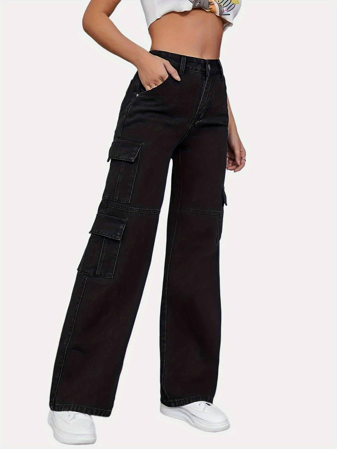 「binfenxie」Flap Side Pocket Black High Waist Denim Pants, Cargo Pocket Casual Wide Leg Jeans, Stylish & Trendy, Women's Denim Jeans & Clothing