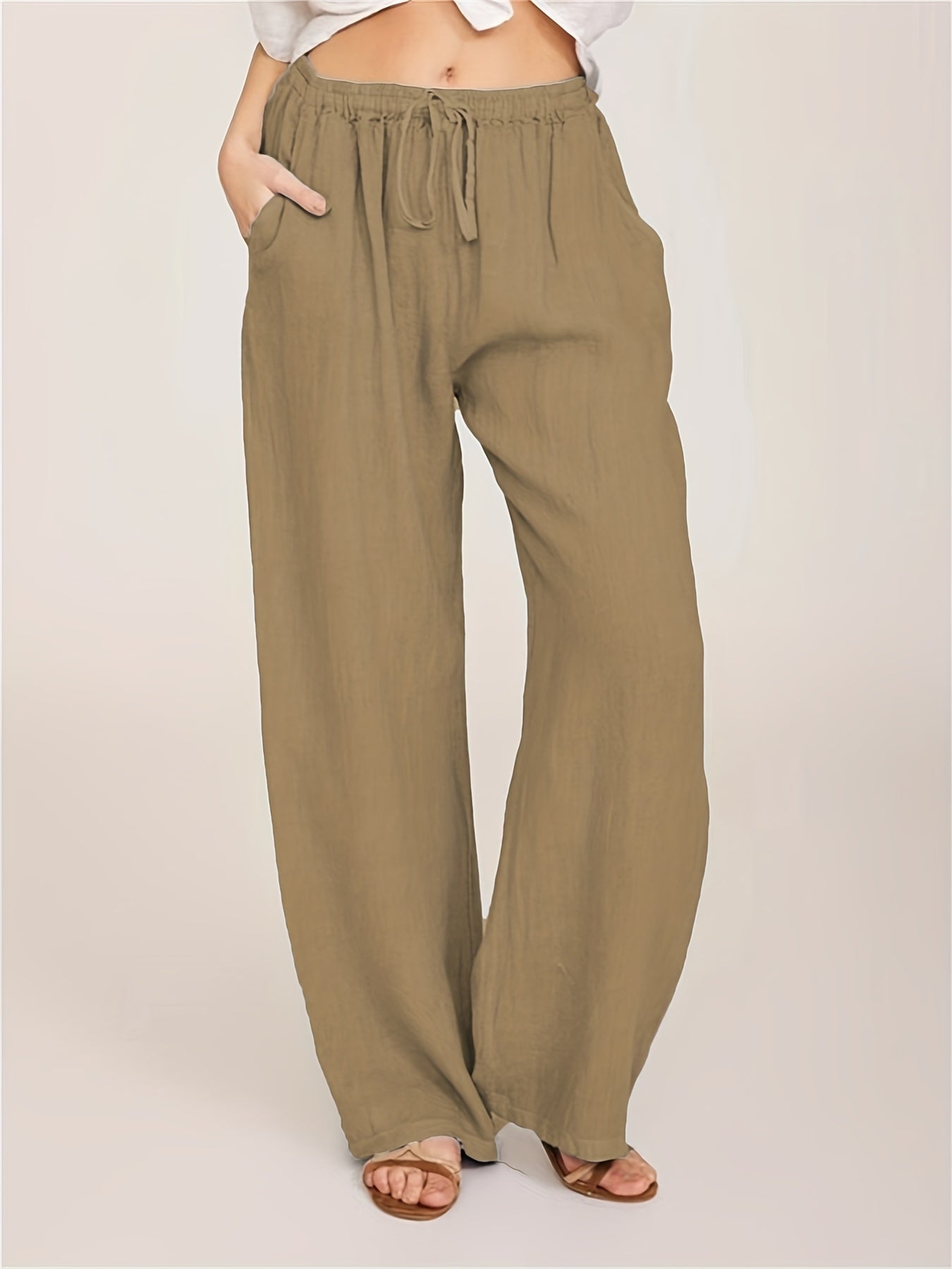 「binfenxie」Drawstring Wide Leg Pants, Solid Loose Palazzo Pants, Casual Every Day Pants, Women's Clothing