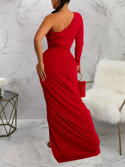 One Shoulder Ruched Split Dresses