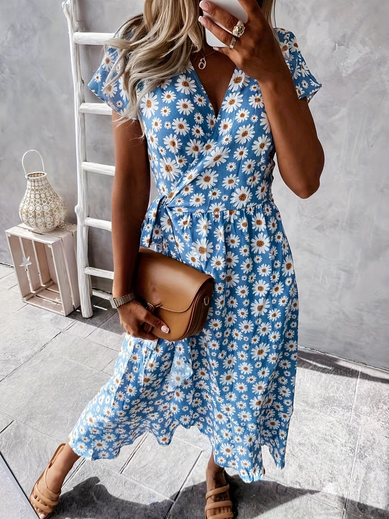 「binfenxie」Floral Print Wrap Belted Dress, Elegant V Neck Short Sleeve Dress, Women's Clothing