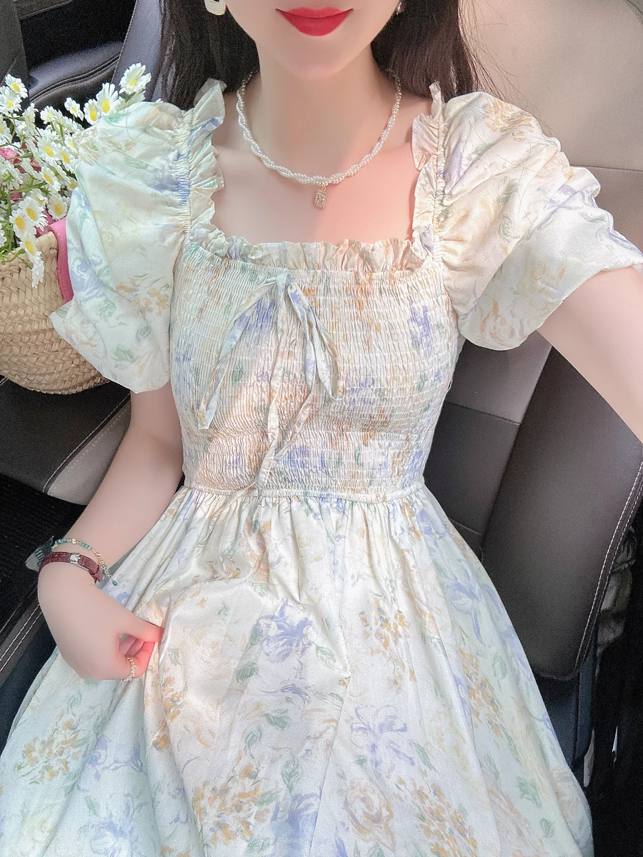 Puff Sleeve Bow Tie Chiffon Floral Long Dress HOT1565