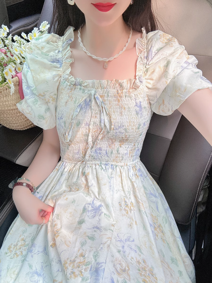 Puff Sleeve Bow Tie Chiffon Floral Long Dress HOT1565