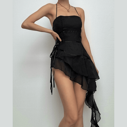 Halter Ruffle Irregular Ribbon Sheer Mesh Mini Dress