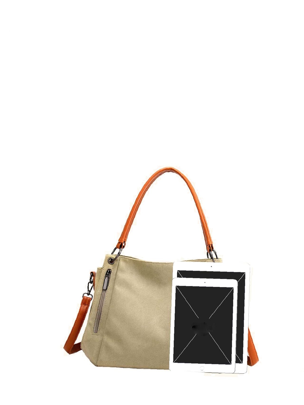 binfenxie - Zipper Decor Two Tone Shoulder Tote Bag  - Women Tote Bags