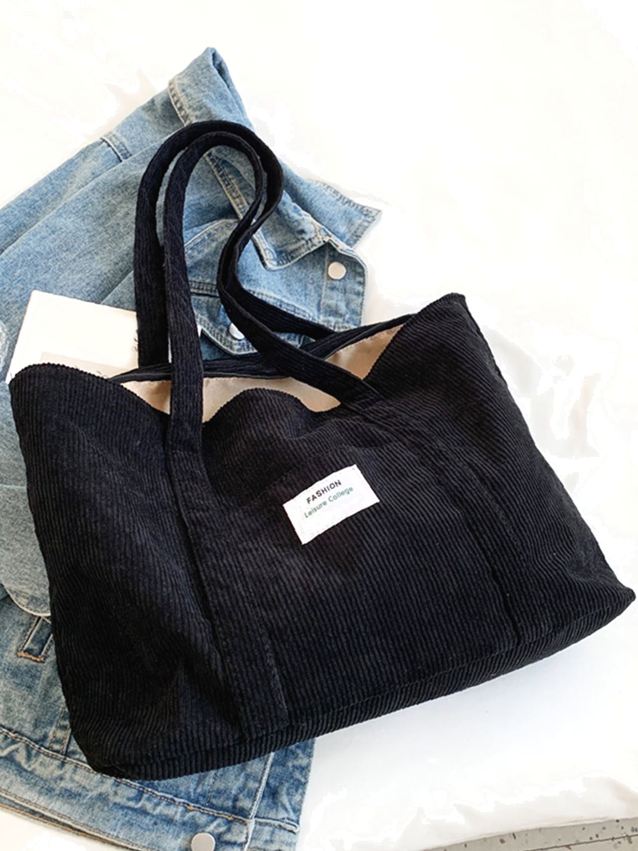 binfenxie - Letter Patch Corduroy Tote Bag  - Women Tote Bags