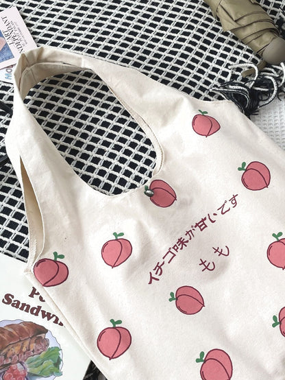 binfenxie - Japanese Letter & Peach Graphic Shopper Bag  - Women Tote Bags