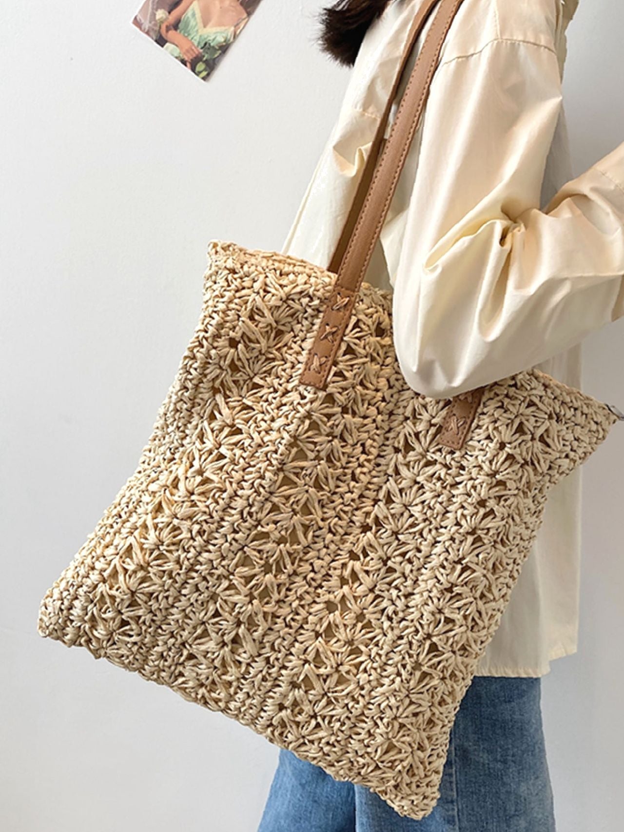 binfenxie - Minimalist Braided Detail Straw Bag  - Women Tote Bags