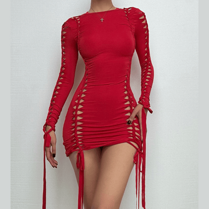 Hollow Out Self Tie Long Sleeve Solid Crewneck Cut Out Mini Dress