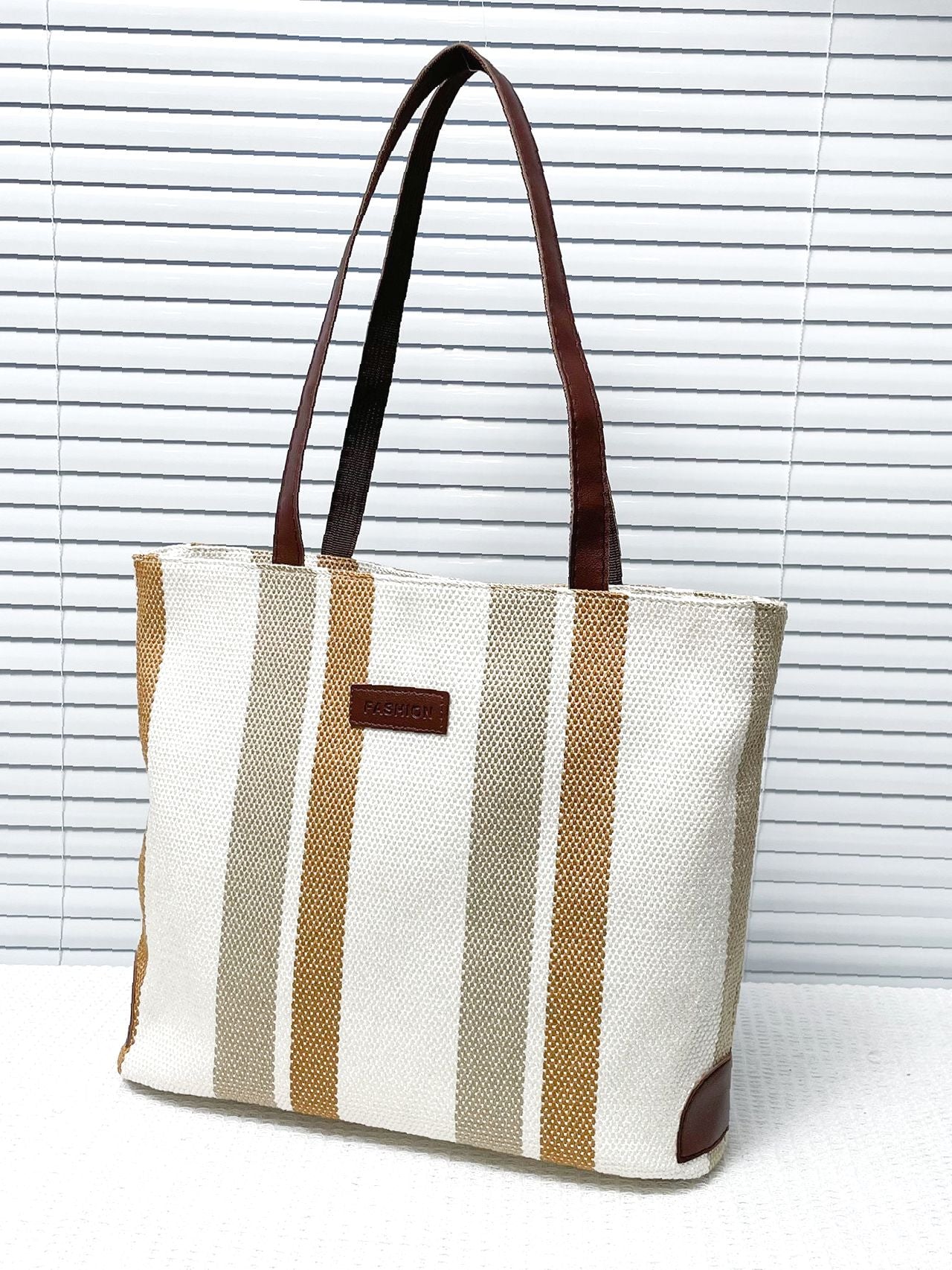 binfenxie - Striped Pattern Letter Patch Shoulder Tote Bag  - Women Tote Bags