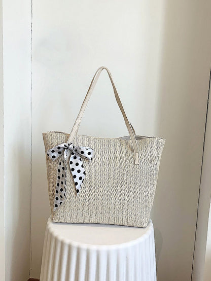 binfenxie - Polka Dot Bow Decor Straw Bag  - Women Tote Bags