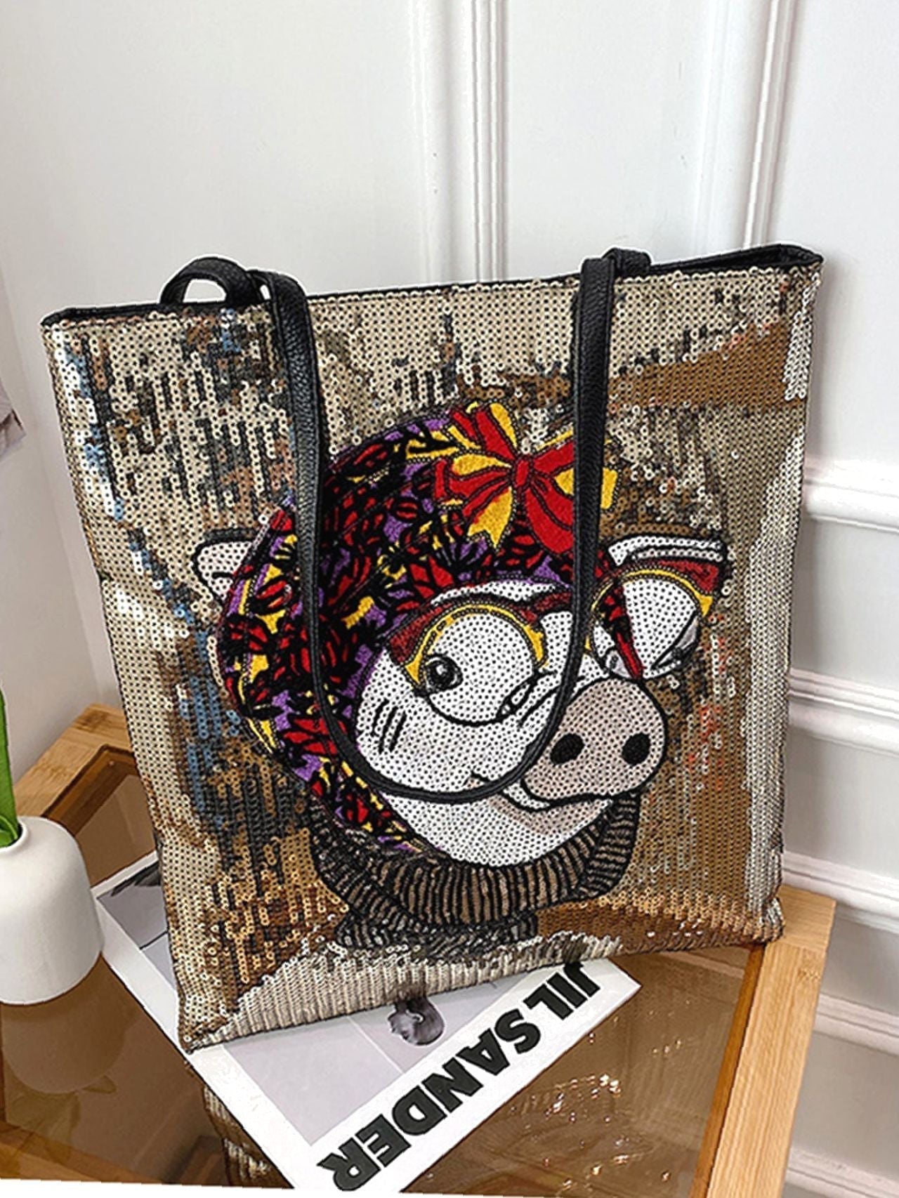 binfenxie - Sequin Decor Cartoon Pig Pattern Shoulder Tote Bag  - Women Tote Bags