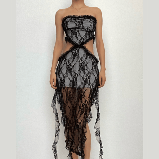 Lace Ruffle Solid Slit Hollow Out Backless Tube Cut Out Midi Dress