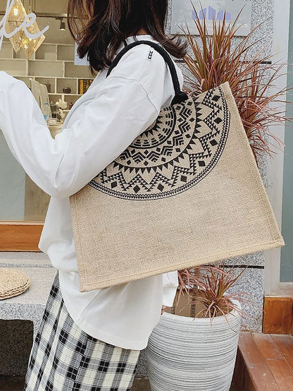 binfenxie - Geometric Print Linen Satchel Bag  - Women Tote Bags