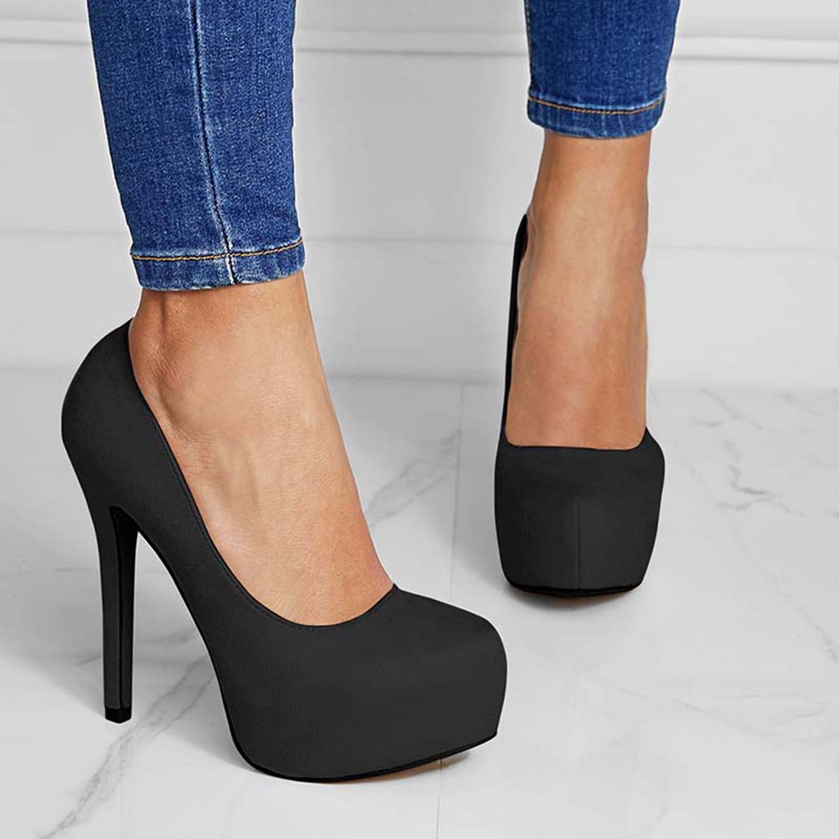 Suede Round Toe Platform Stilettos Slip on High Heel Pumps