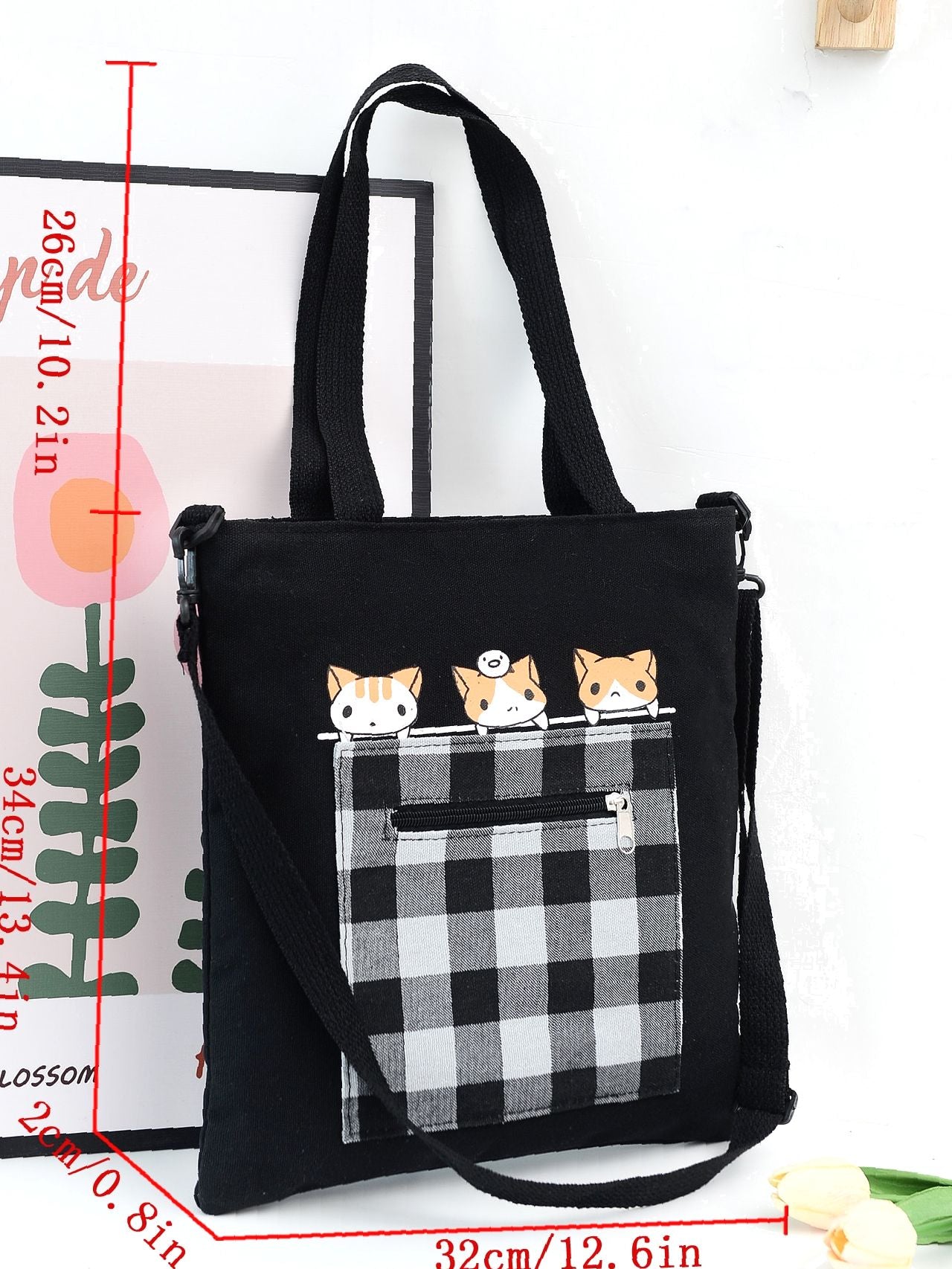 binfenxie - Cartoon & Plaid Pattern Tote Bag  - Women Tote Bags