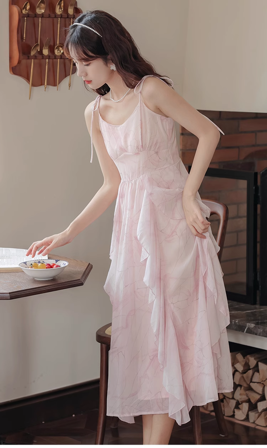 Pink Ruffled Chiffon Suspender Dress for Women Summer HOT1188