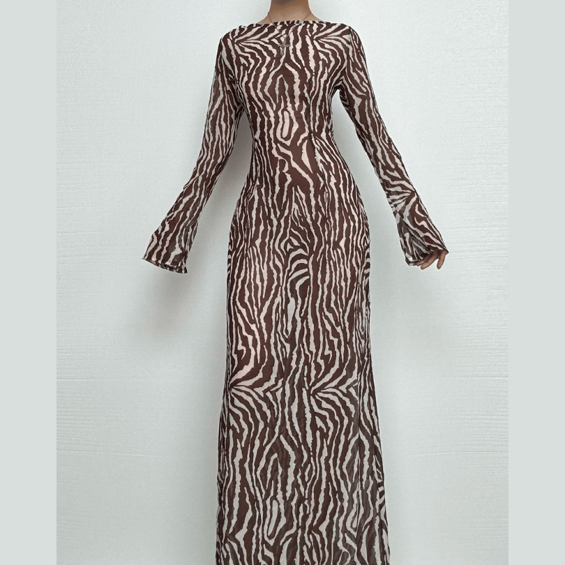 Sheer Mesh See Through Zebra Print Long Sleeve Zip-Up Contrast Maxi Dress