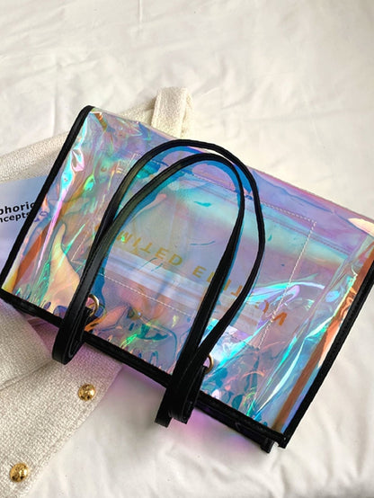 binfenxie - Holographic Pattern Letter Graphic Shoulder Tote Bag  - Women Tote Bags