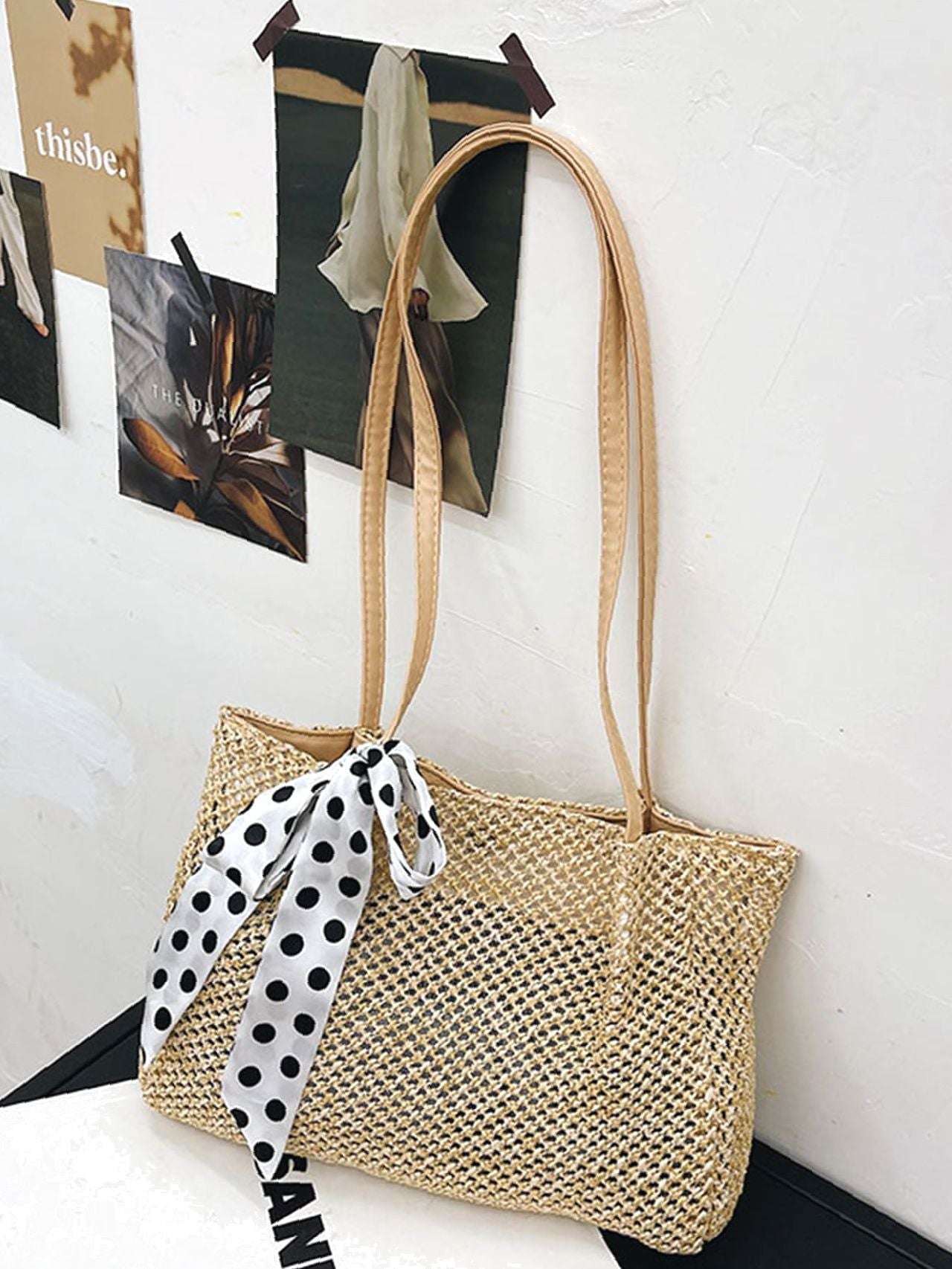 binfenxie - Polka Dot Bow Decor Straw Bag  - Women Tote Bags