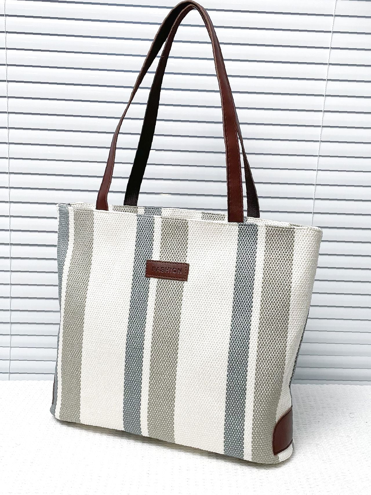 binfenxie - Striped Pattern Letter Patch Shoulder Tote Bag  - Women Tote Bags