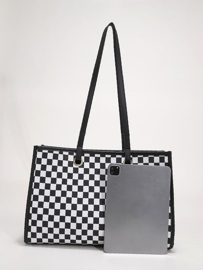 binfenxie - Colorblock Plaid Shoulder Tote Bag  - Women Tote Bags