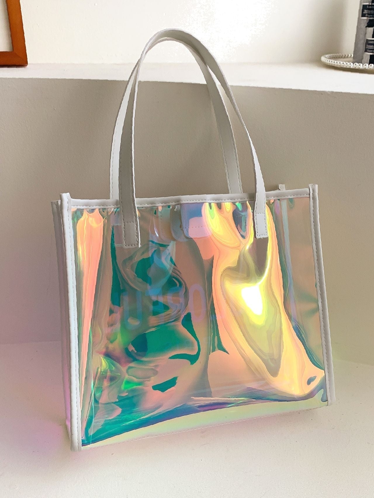 binfenxie - Letter Graphic Holographic Shoulder Tote Bag with Inner Pouch  - Women Tote Bags