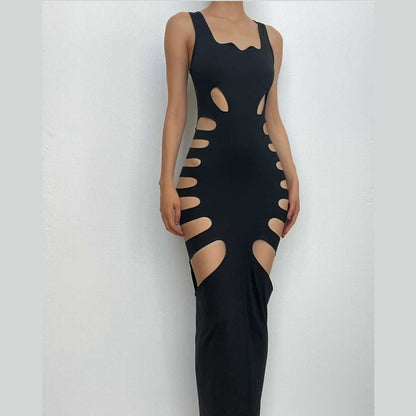 Hollow Out Solid Slit Sleeveless Low Cut Cut Out Maxi Dress