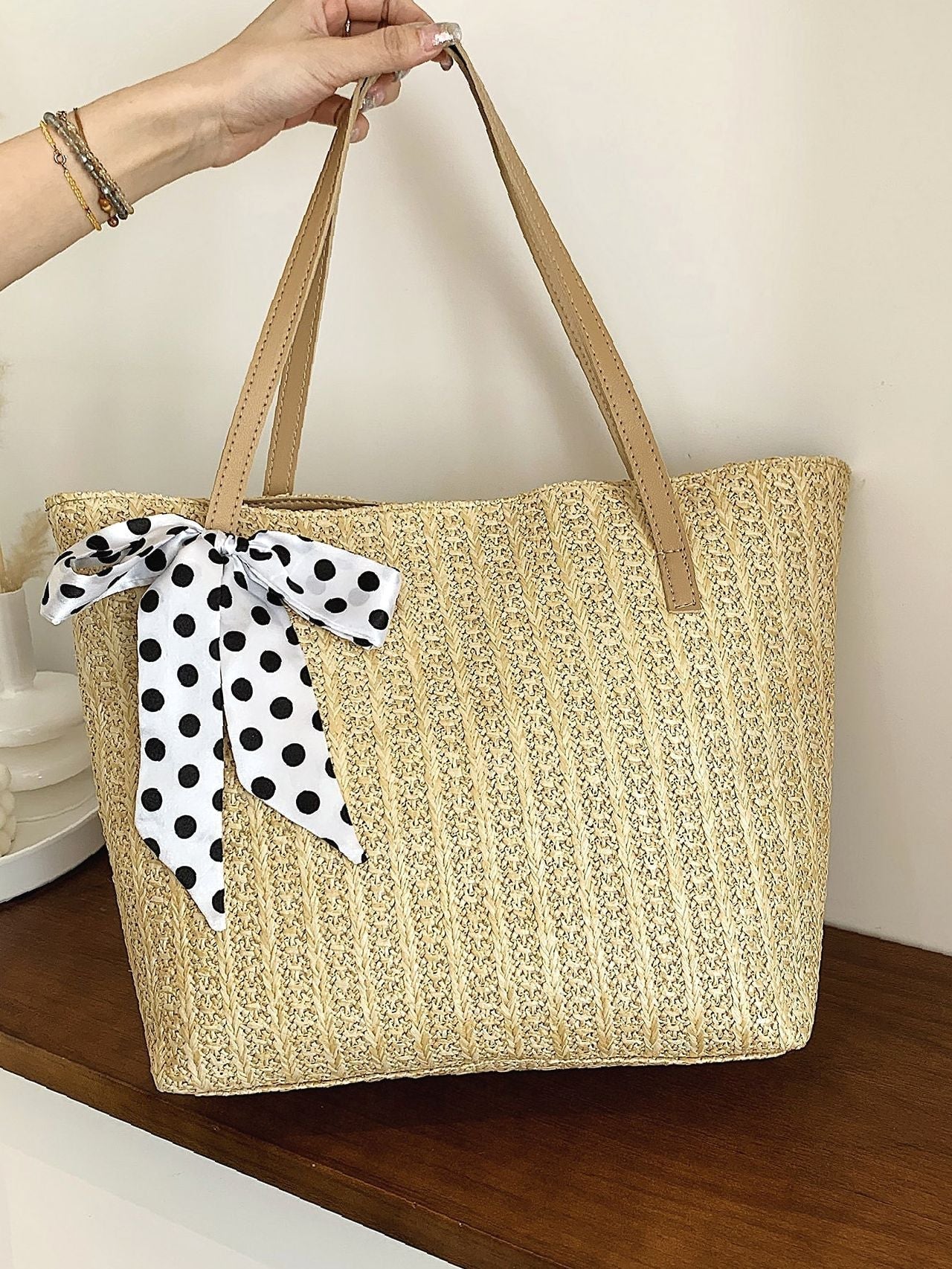 binfenxie - Polka Dot Bow Decor Straw Bag  - Women Tote Bags