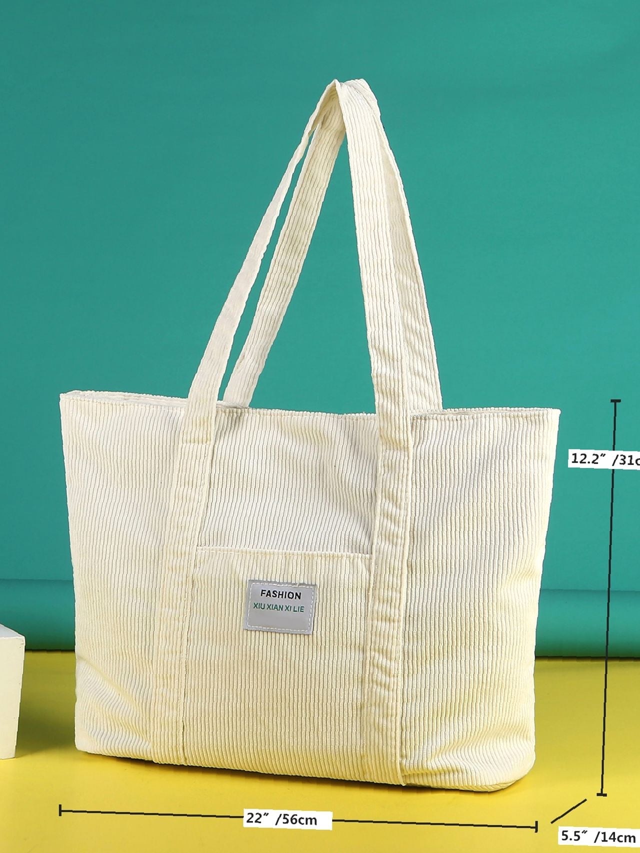 binfenxie - Letter Patch Corduroy Tote Bag  - Women Tote Bags