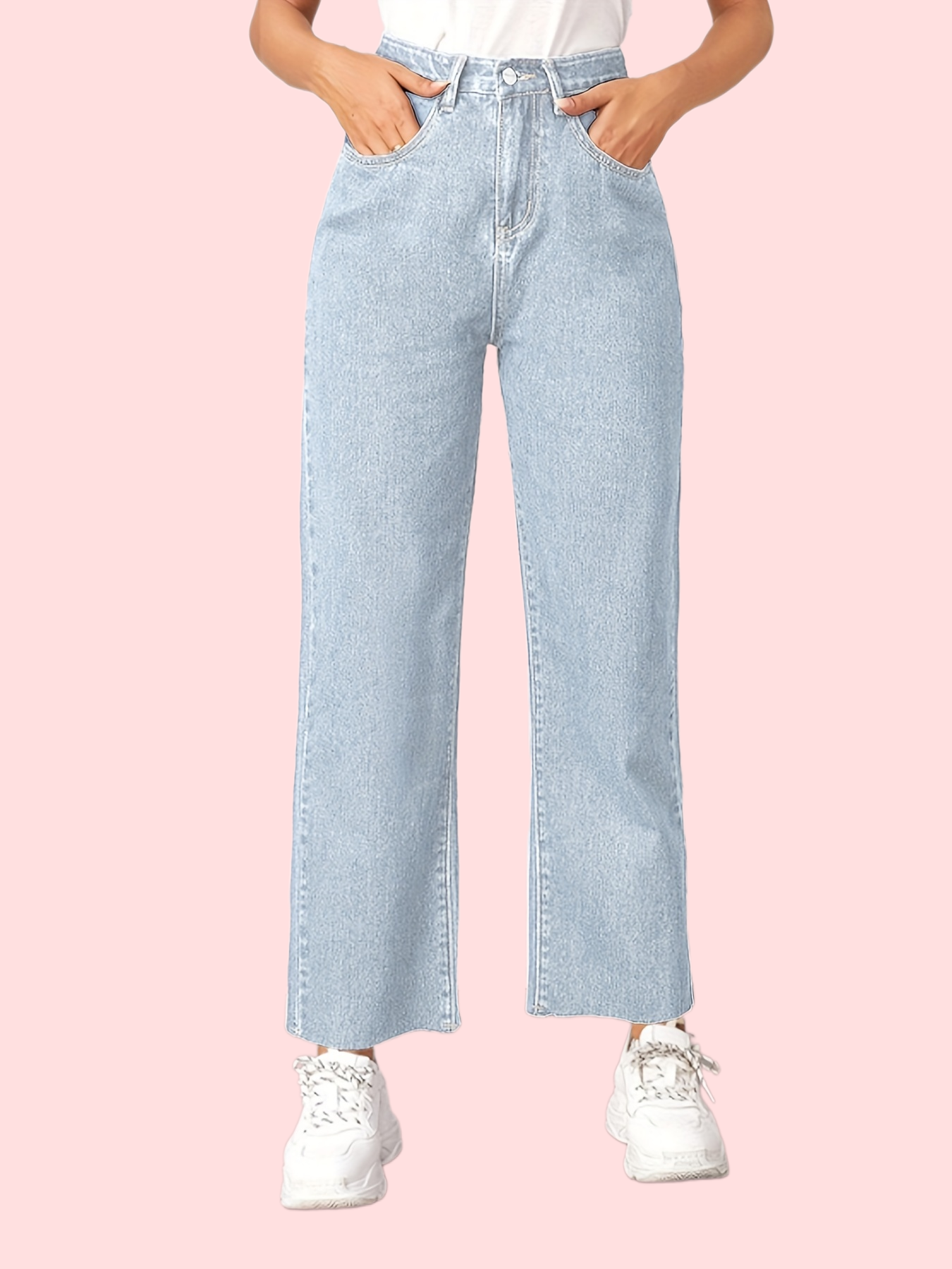 「binfenxie」Blue High Waist Straight Jeans, Loose Fit Wide Legs Slash Pockets High Rise Denim Pants, Women's Denim Jeans & Clothing