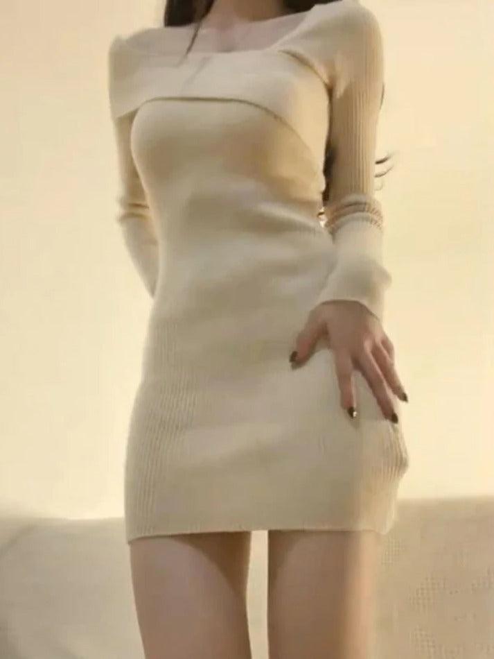 Solid Ribbed Splice Slanted Neck Knit Mini Dress