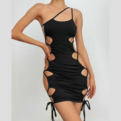 Hollow Out One Shoulder Lace Up Drawstring Low Cut Cut Out Mini Dress