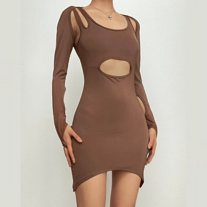 Hollow Out Irregular Solid Gloves Backless Cut Out Mini Dress