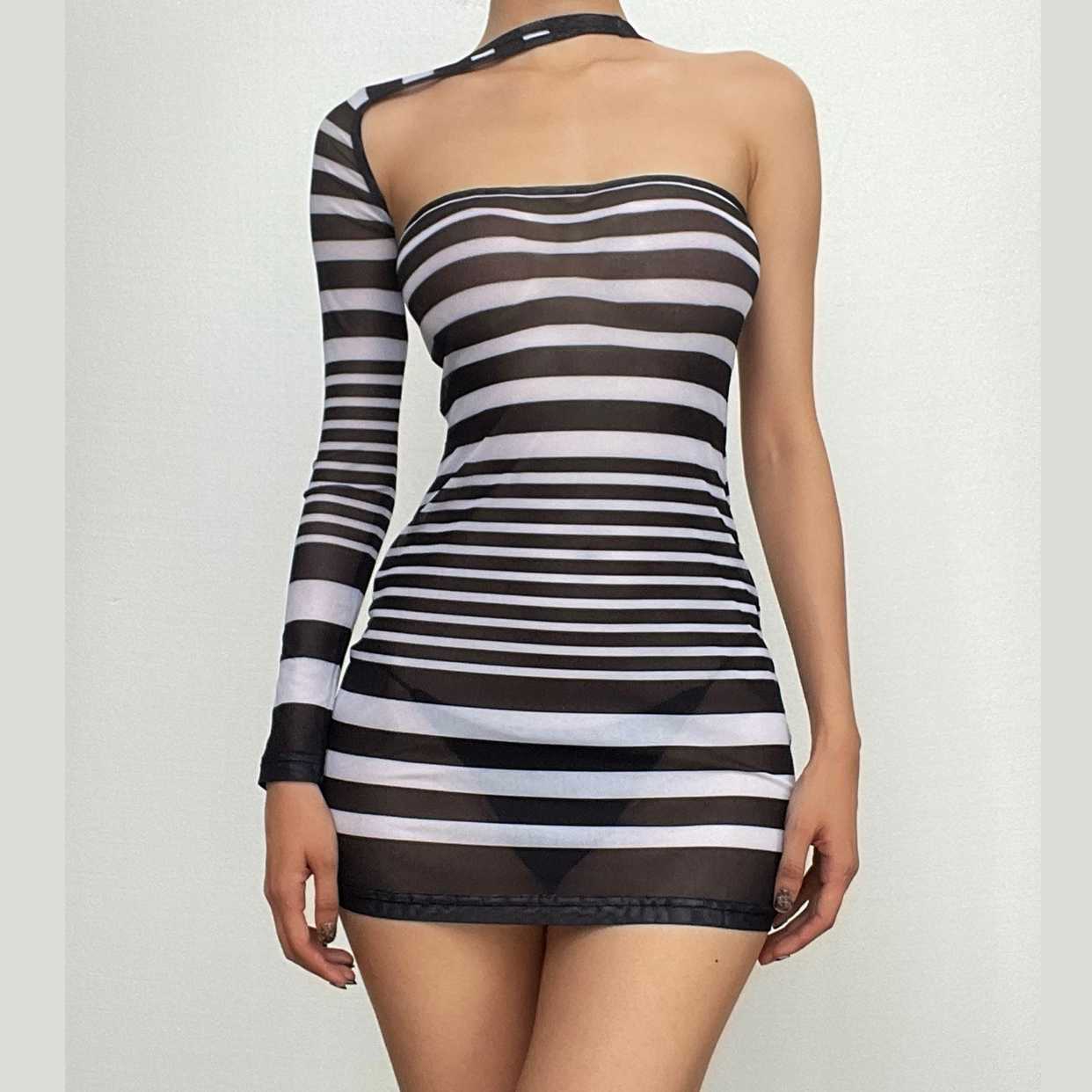 Irregular Sheer Mesh See Through One Shoulder Striped Mini Dress