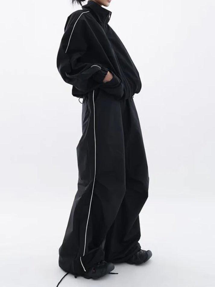 Solid Drawstring Jacket & Bound Feet Wide Leg Pants Set