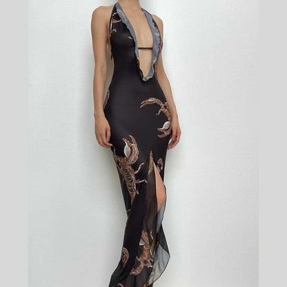 binfenxie Halter Self Tie Backless Slit Ruffle Scorpion Print Contrast Maxi Dress