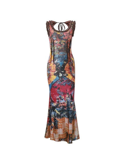 Vintage Random Print U Neck Backless Maxi Dress