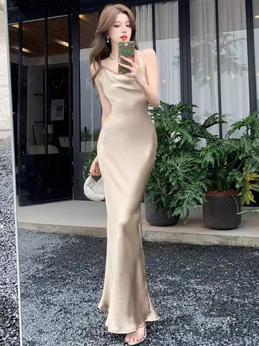 Champagne Satin Spaghetti Straps Dress  HOT1484