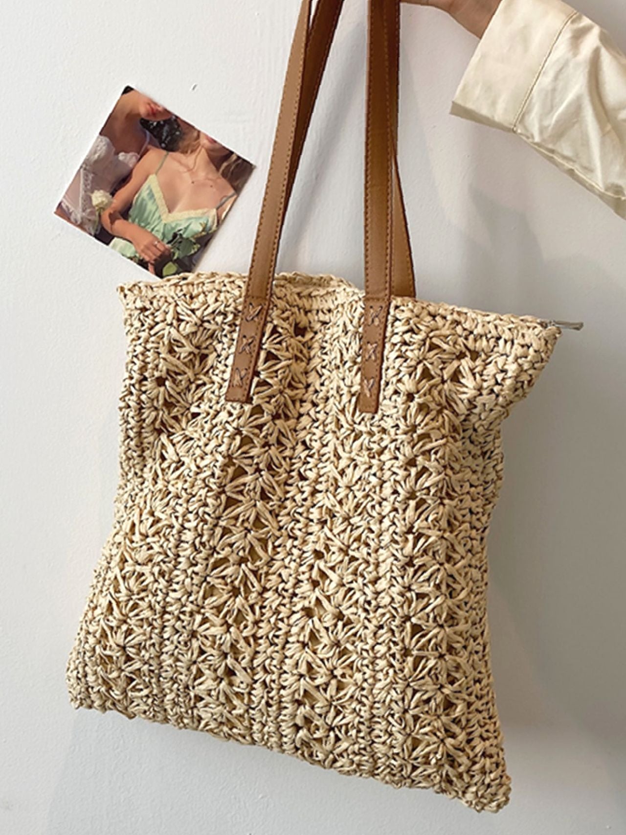 binfenxie - Minimalist Braided Detail Straw Bag  - Women Tote Bags