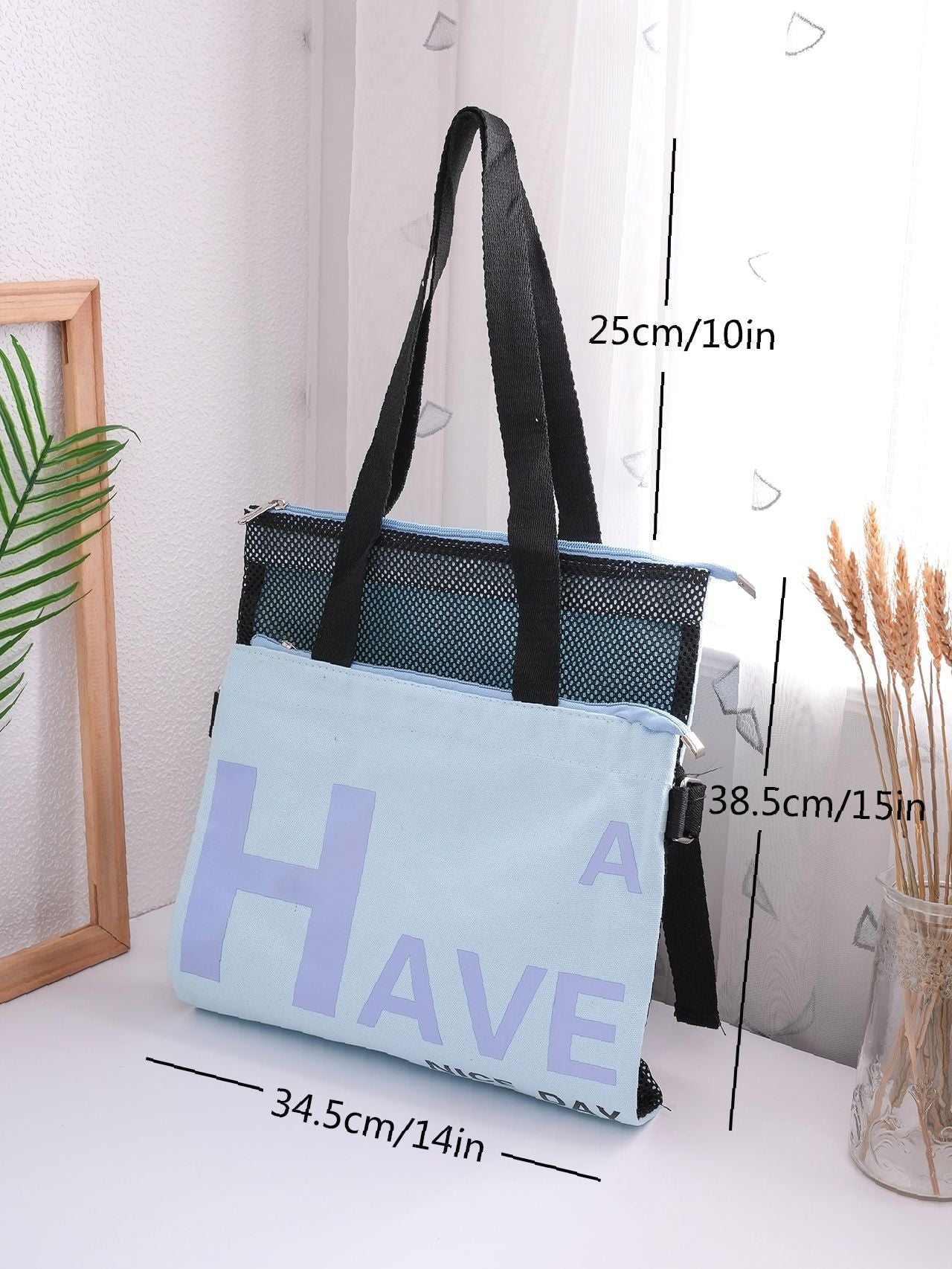 binfenxie - Slogan Graphic Mesh Panel Shoulder Tote Bag  - Women Tote Bags