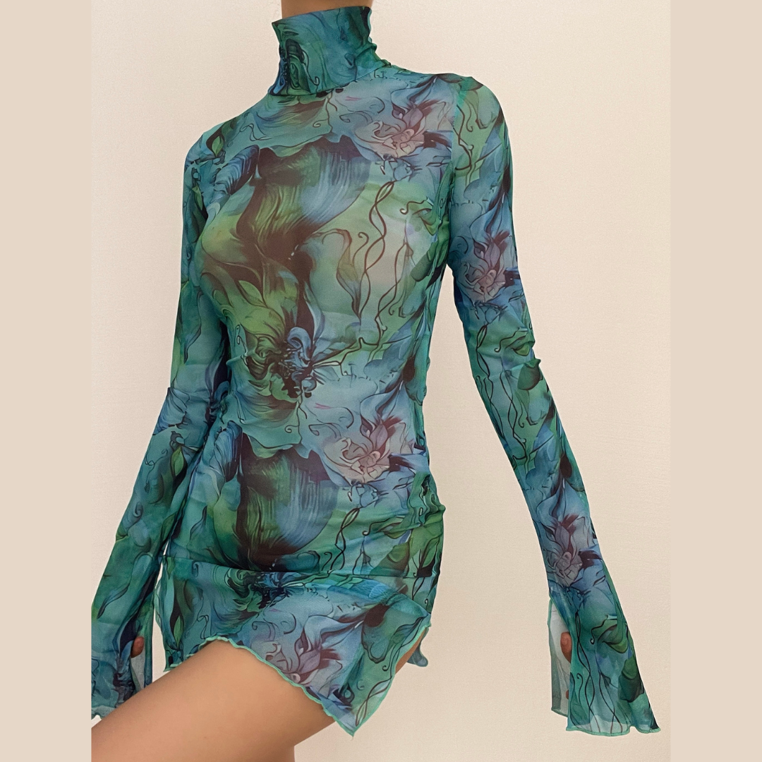 Sheer Mesh See Through Print High Neck Slit Long Sleeve Mini Dress