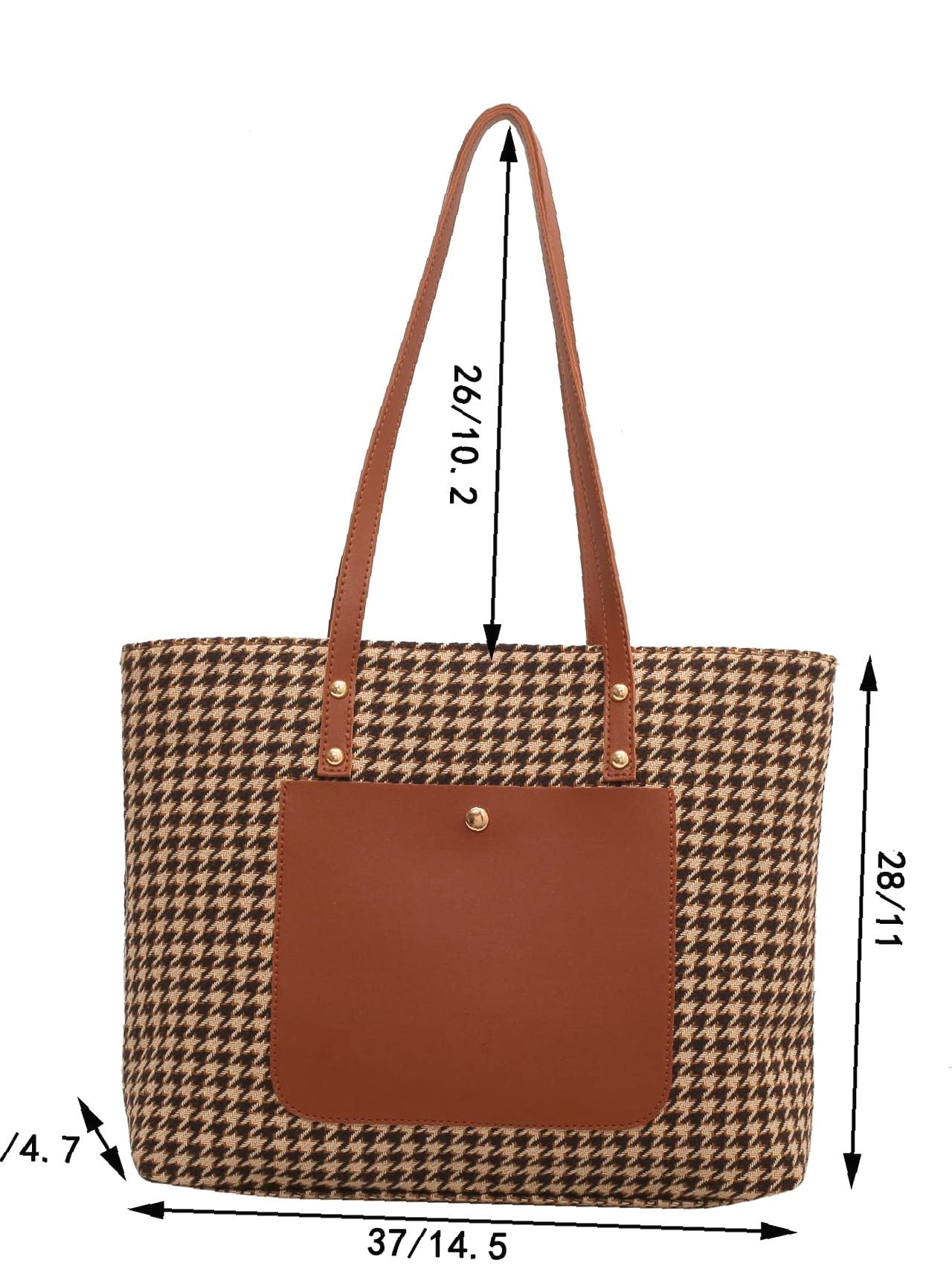 binfenxie - Houndstooth Pattern Studded Detail Shoulder Tote Bag  - Women Tote Bags