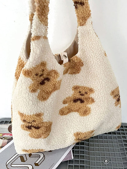 binfenxie - Faux Shearling Cartoon Graphic Tote Bag  - Women Tote Bags